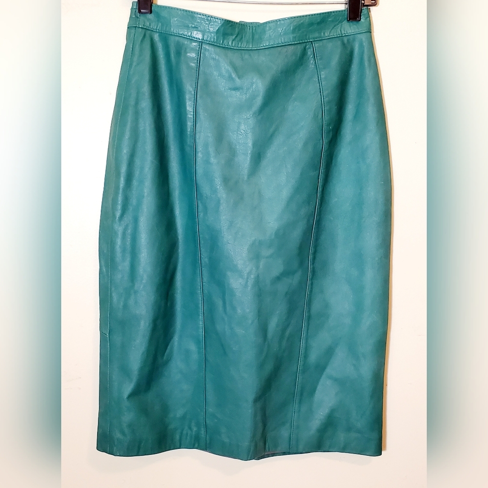 Vintage 80's Turquoise Pelle 100% Leather Pencil Skirt Size 10